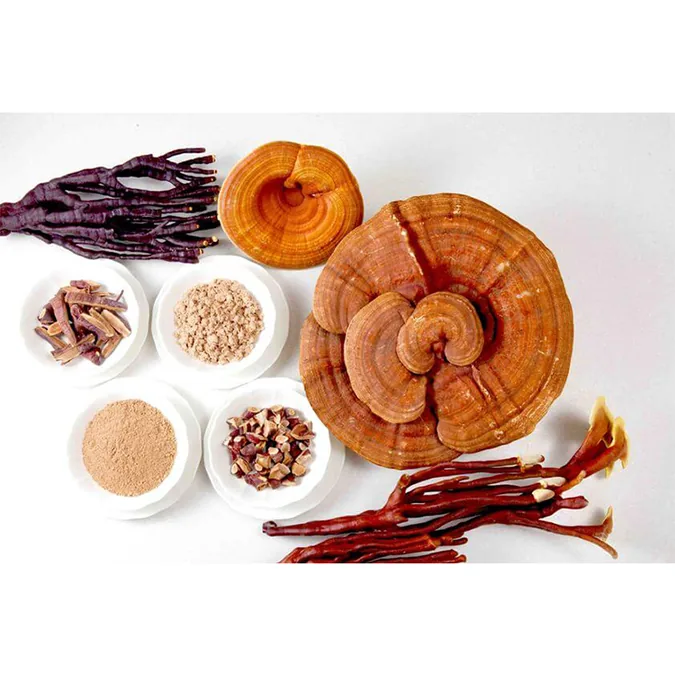 Reishi caps, stems and prepared mushroom materials